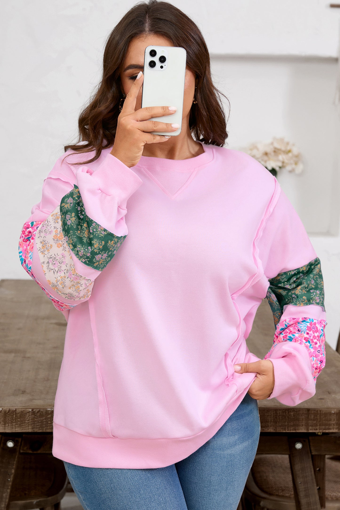 Pink Plus Size Mix Floral Patched Sleeve Ribbed Trim Baggy Sweatshirt-Plus Size/Plus Size Sweatshirts & Hoodies-[Adult]-[Female]-2022 Online Blue Zone Planet