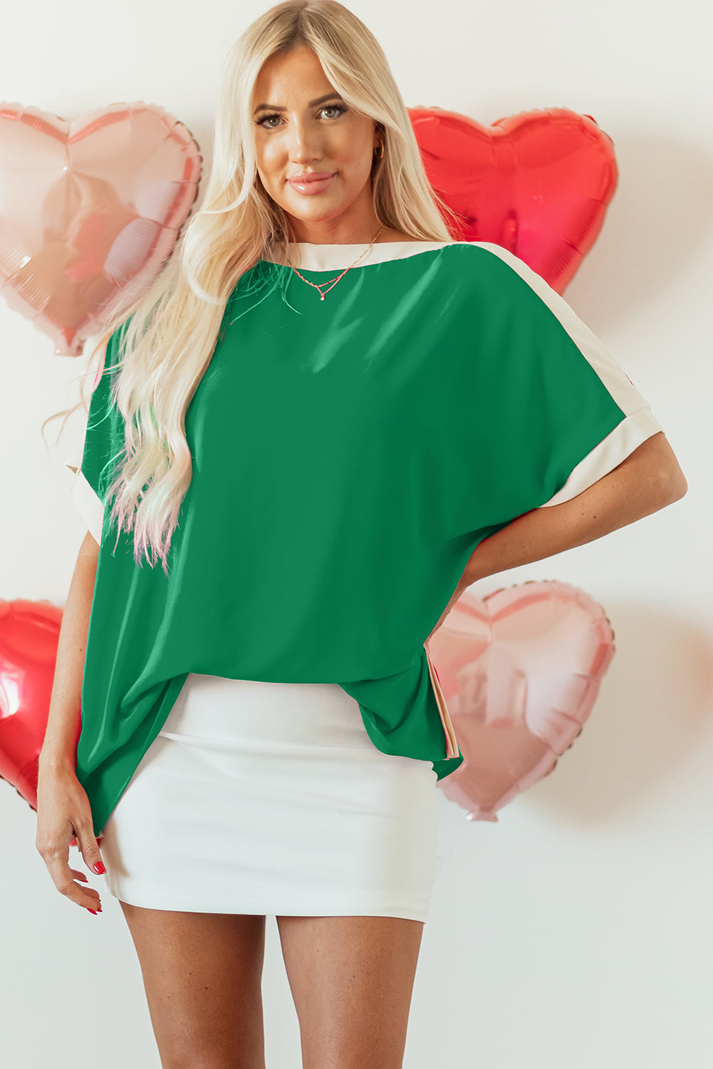 Rose Red Oversized Color Block Boat Neck Tunic Blouse-Tops/Blouses & Shirts-[Adult]-[Female]-Green-S-2022 Online Blue Zone Planet