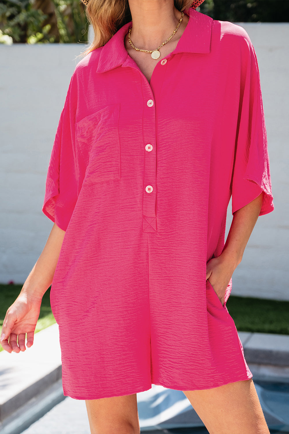 Bright Pink Half Button Collared Loose Romper Blue Zone Planet