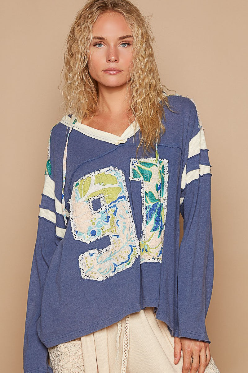 Blue Zone Planet | POL Exposed Seam Number Patch V-Neck Hooded Top-Tops / Dresses-[Adult]-[Female]-Blueberry Multi-S-2022 Online Blue Zone Planet