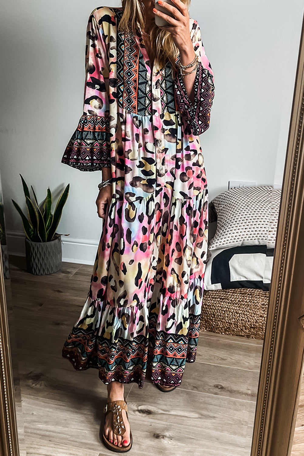 Pink Western Leopard Printed 3/4 Sleeve Buttoned Front Tiered Maxi Dress-Dresses/Maxi Dresses-[Adult]-[Female]-Pink-S-2022 Online Blue Zone Planet