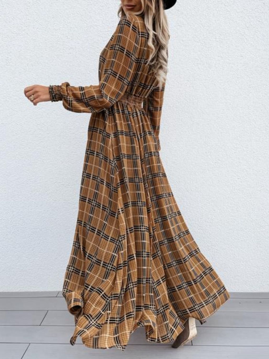 Blue Zone Planet | Ruby's Slit Plaid Tie Neck Long Sleeve Maxi Dress Blue Zone Planet | Ruby's Slit Plaid Tie Neck Long Sleeve Maxi Dress