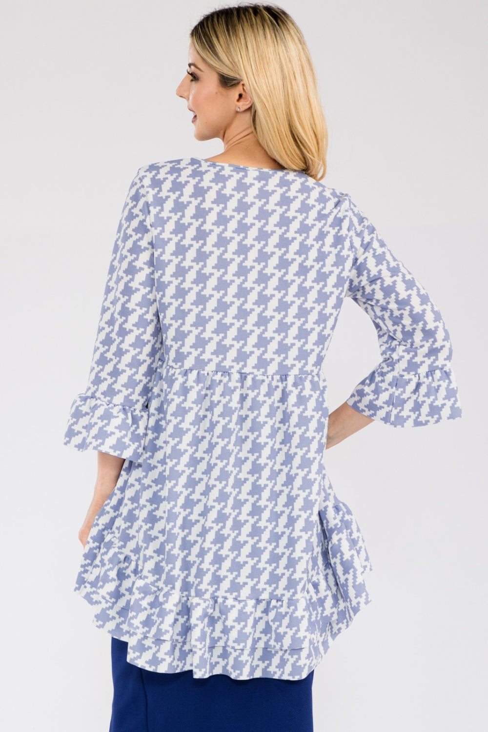 Celeste Full Size Houndstooth Flounce Sleeve High-Low Top-TOPS / DRESSES-[Adult]-[Female]-2022 Online Blue Zone Planet