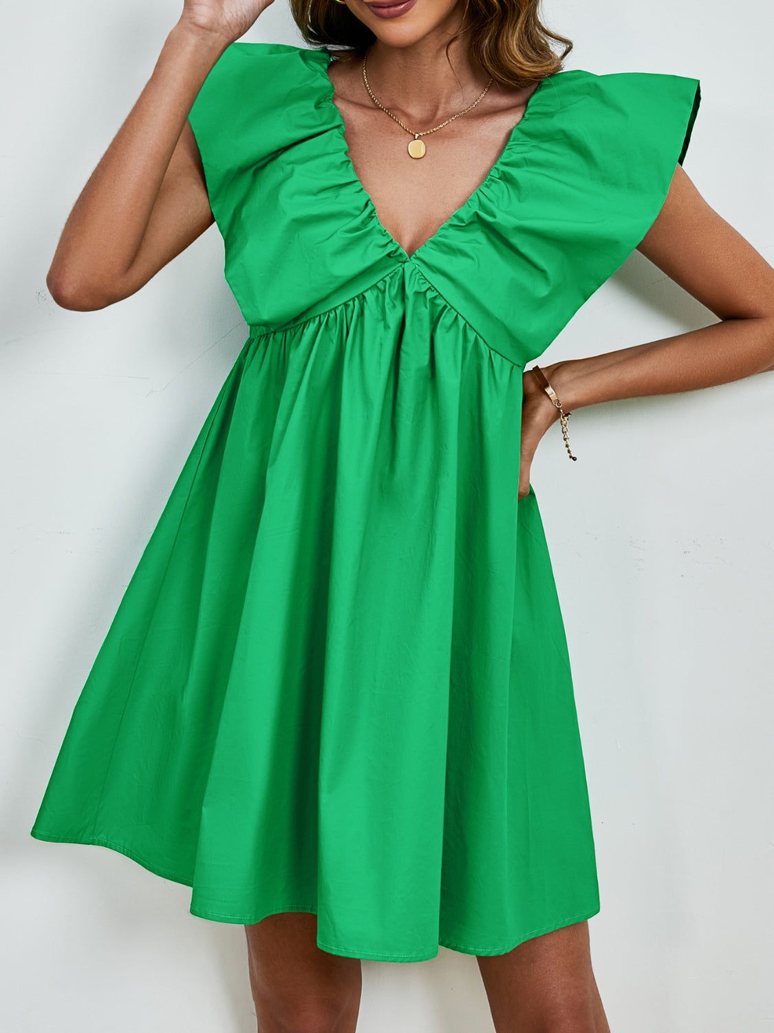 V-Neck Cap Sleeve Mini Dress-TOPS / DRESSES-[Adult]-[Female]-Green-S-2022 Online Blue Zone Planet