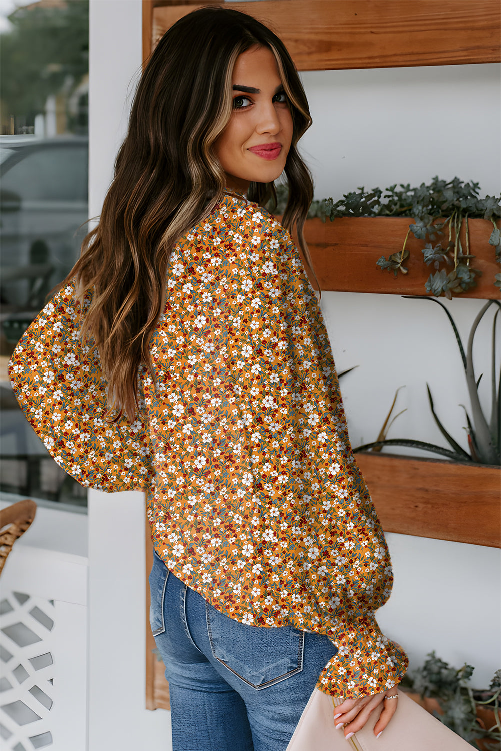 Orange Boho Floral Ruffled Bubble Sleeve V Neck Fall Blouse-Tops/Blouses & Shirts-[Adult]-[Female]-2022 Online Blue Zone Planet
