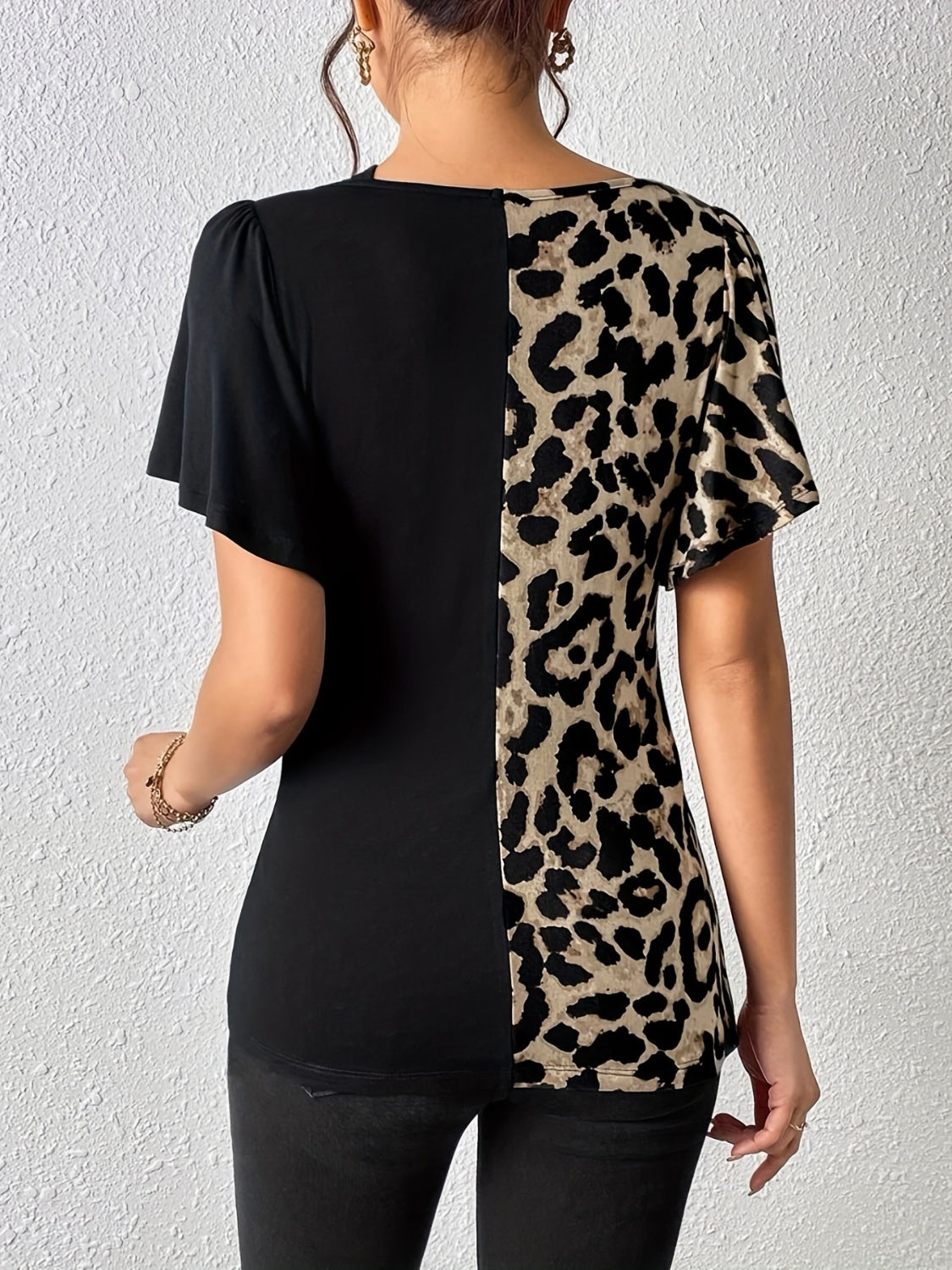 Ruched Leopard Flutter Sleeve T-Shirt-TOPS / DRESSES-[Adult]-[Female]-2022 Online Blue Zone Planet