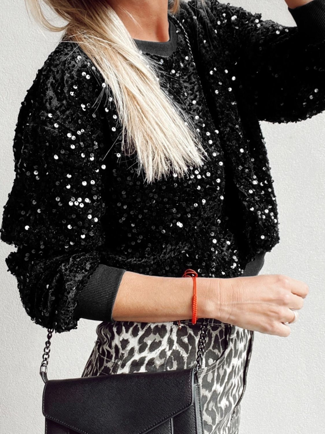 Sequin Round Neck Long Sleeve Blouse-TOPS / DRESSES-[Adult]-[Female]-2022 Online Blue Zone Planet