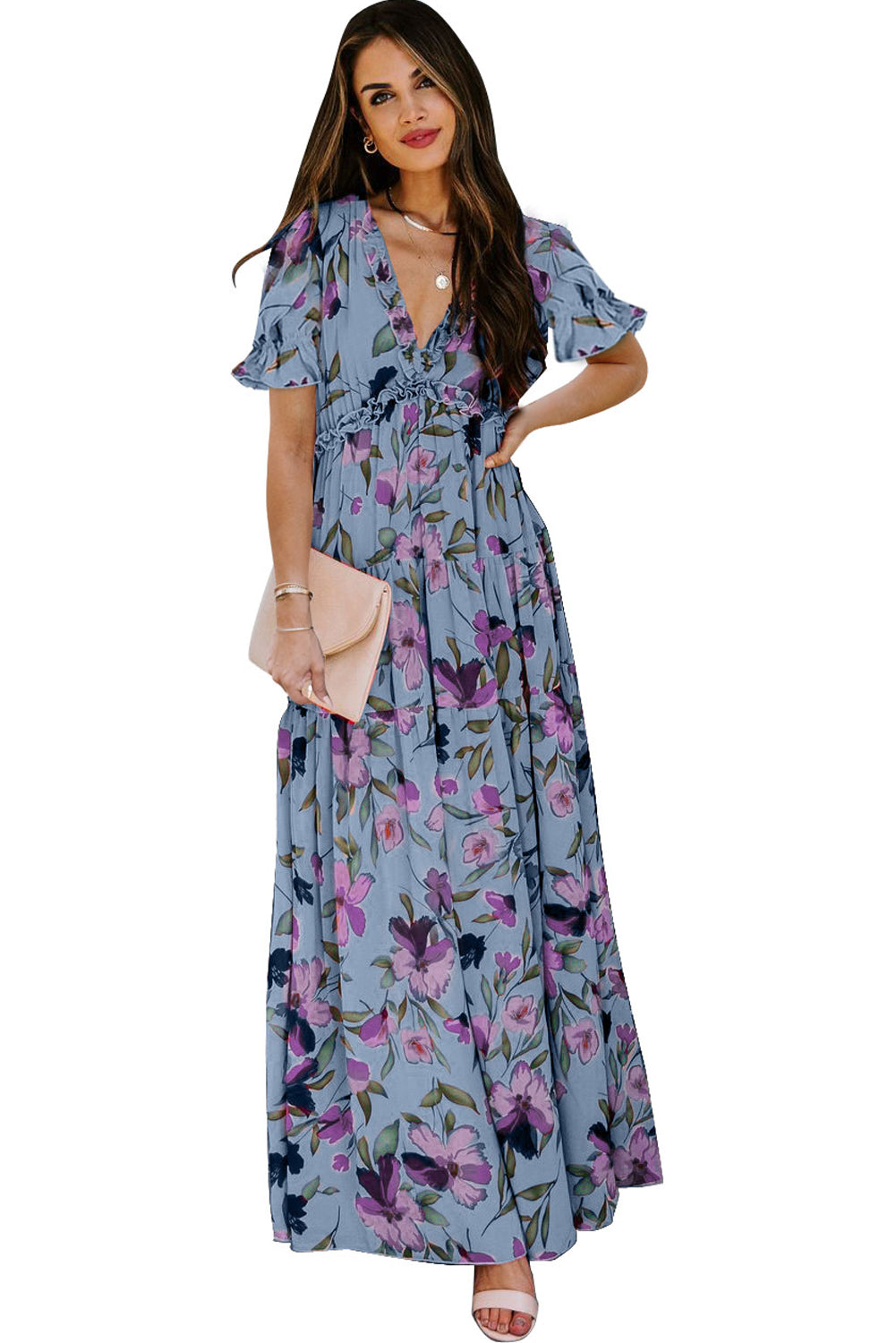 Sky Blue Fiery Floral Print Frilled V Neck Short Sleeve Maxi Dress-Dresses/Maxi Dresses-[Adult]-[Female]-2022 Online Blue Zone Planet