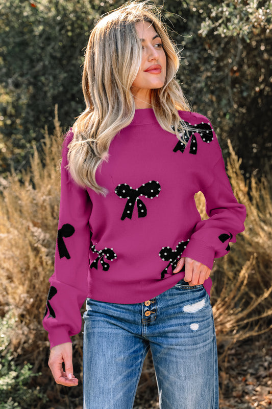Bright Pink Pearl Embellished Bow Pattern Loose Sweater-TOPS / DRESSES-[Adult]-[Female]-Bright Pink-S-2022 Online Blue Zone Planet