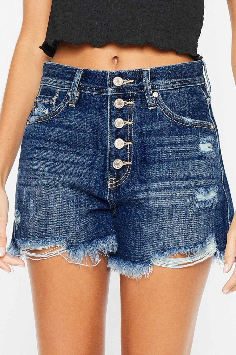 Kancan Raw Hem Button-Fly Denim Shorts-BOTTOMS SIZES SMALL MEDIUM LARGE-[Adult]-[Female]-2022 Online Blue Zone Planet