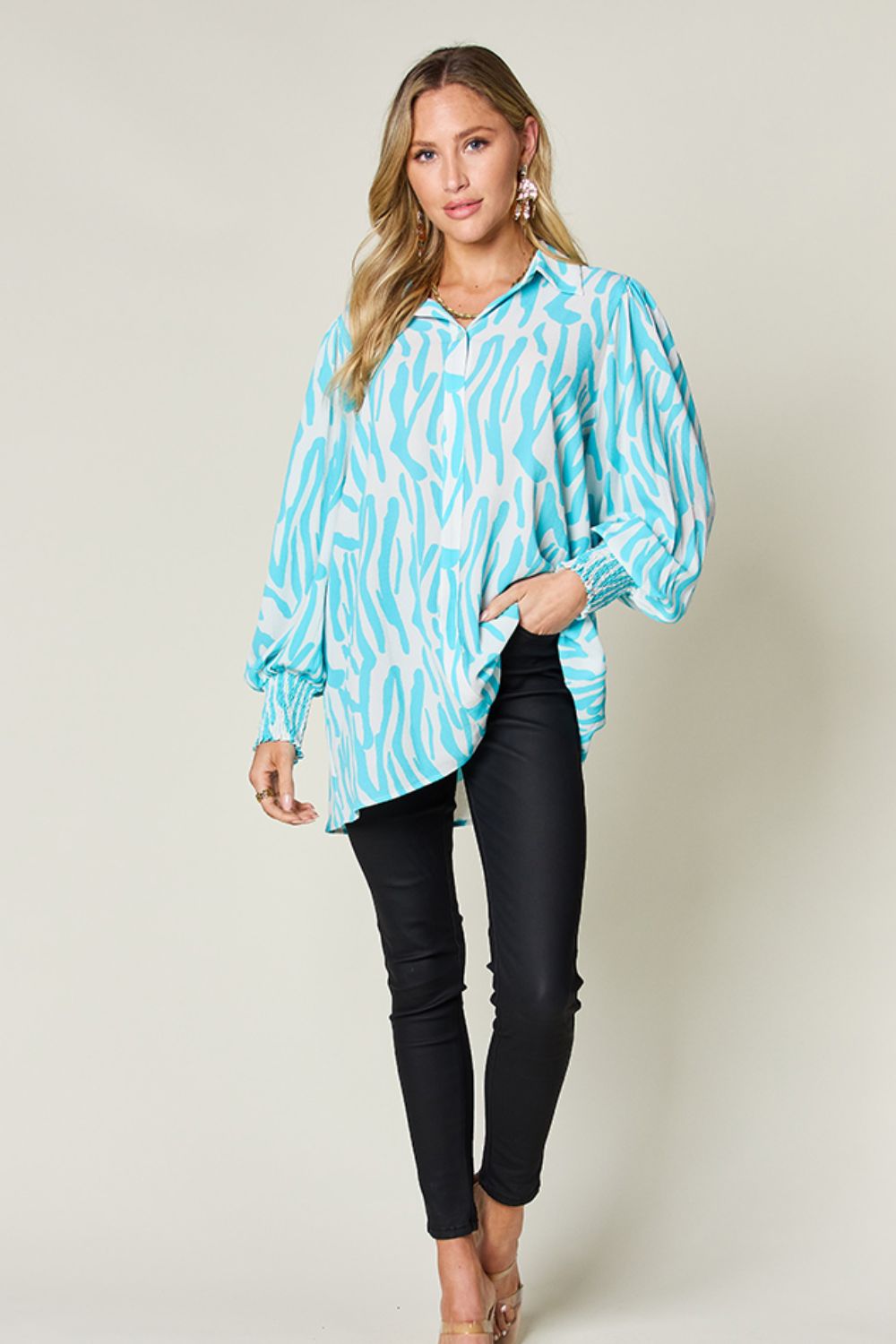 Blue Zone Planet | Double Take Full Size Printed Smocked Long Sleeve Blouse-TOPS / DRESSES-[Adult]-[Female]-2022 Online Blue Zone Planet