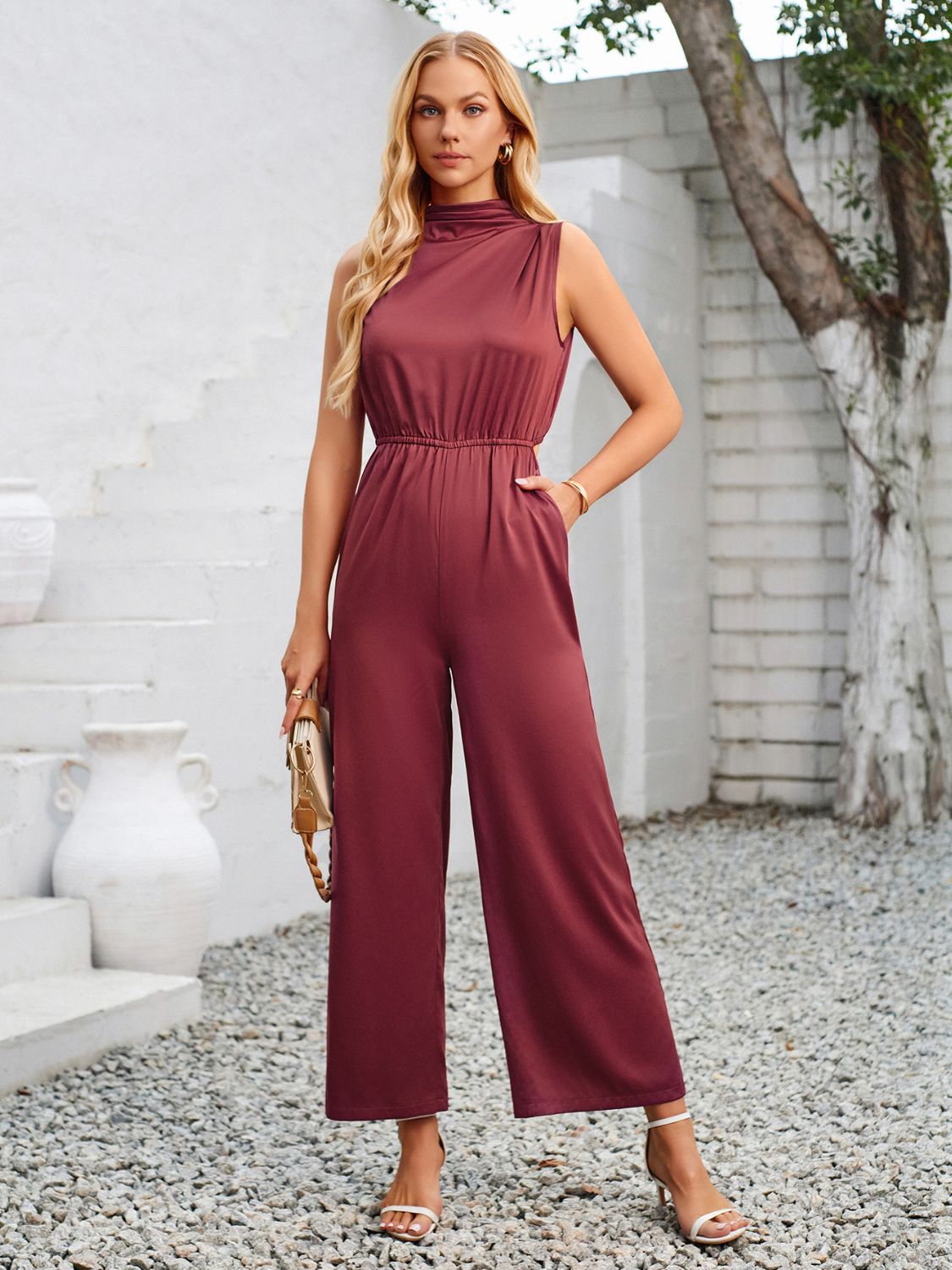 Cutout Tied Wide Leg Sleeveless Jumpsuit-[Adult]-[Female]-Burgundy-S-2022 Online Blue Zone Planet