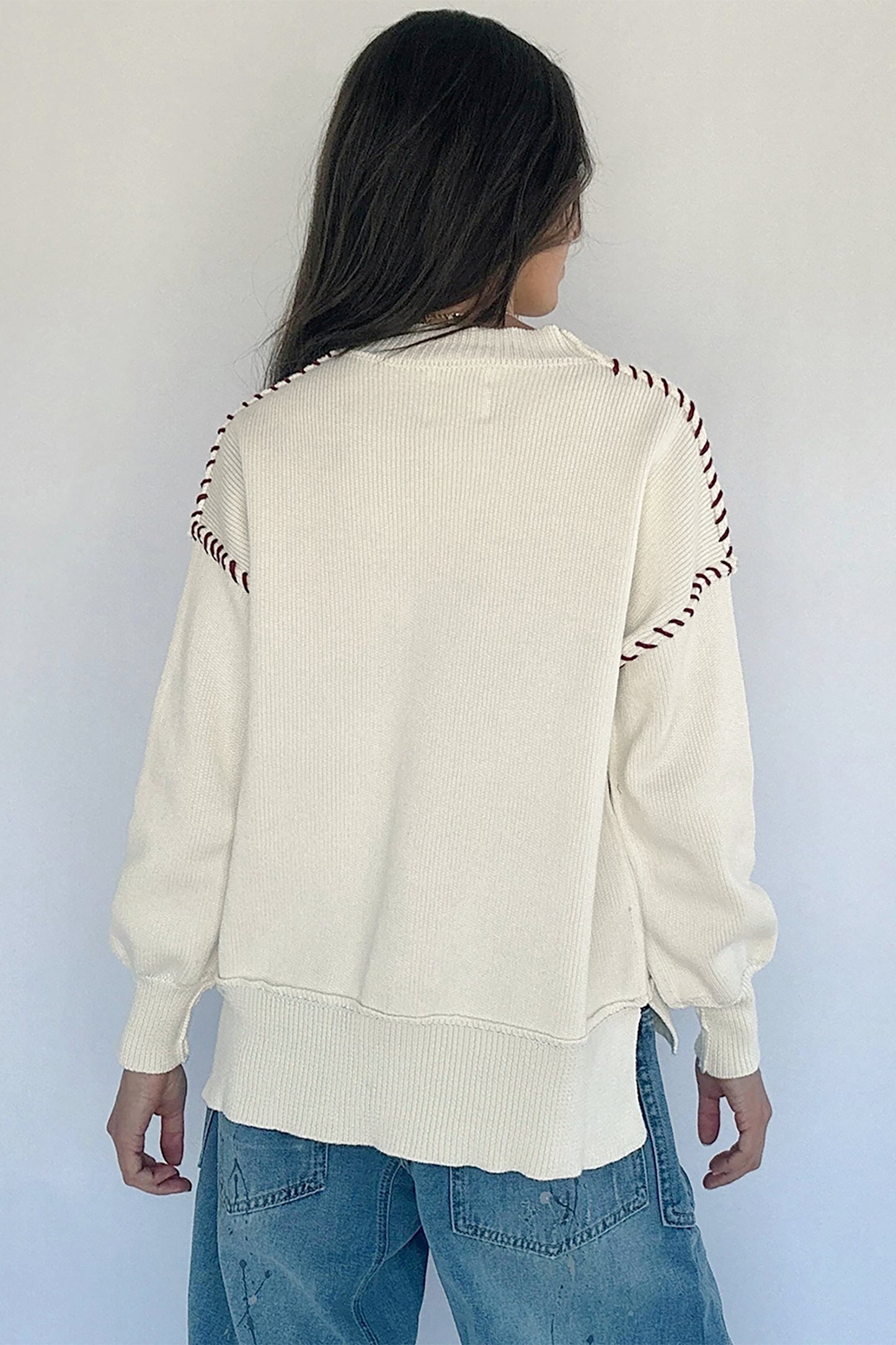 Beige Drop Shoulder Game Day Letter Print Pullover Sweater