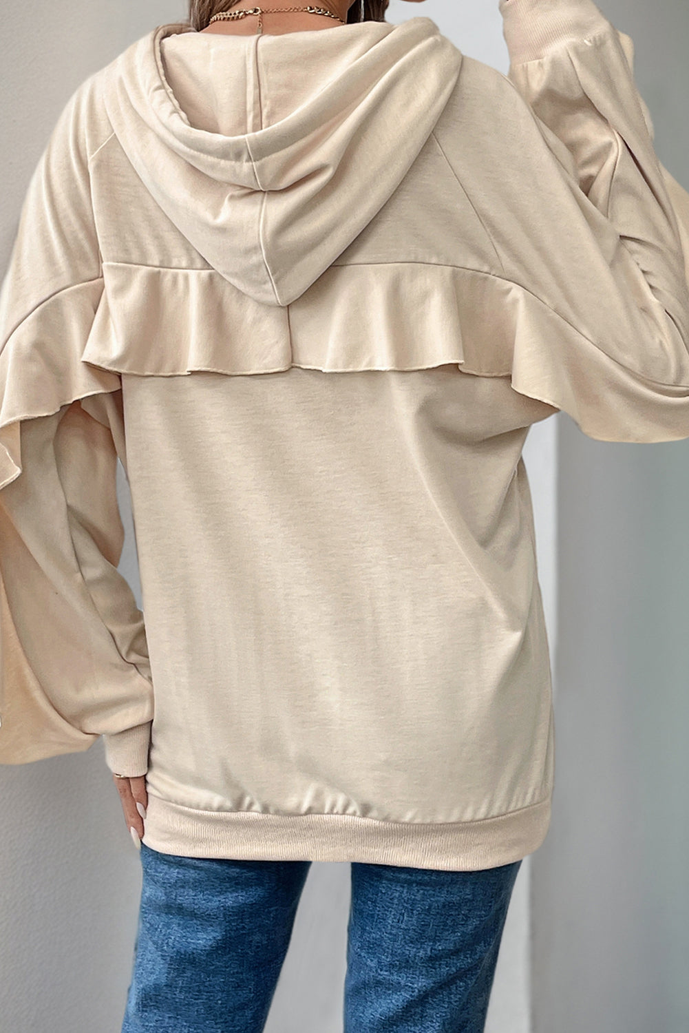 Beige Ruffle Edge Plain Drawstring Hoodie-Sweatshirts & Hoodies-[Adult]-[Female]-2022 Online Blue Zone Planet