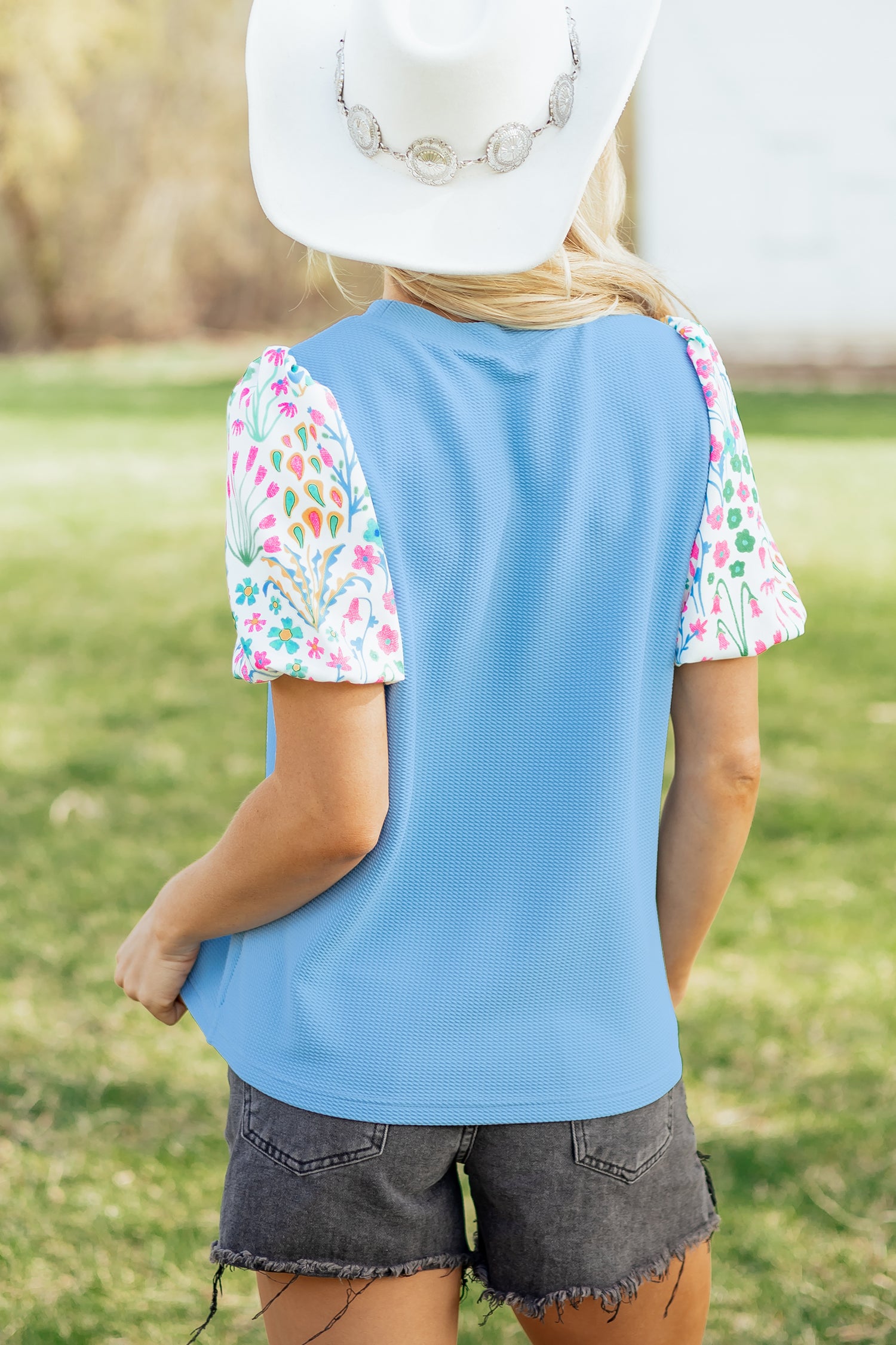 Light Blue Round Neck Textured Contrast Floral Bubble Sleeve Blouse-Tops/Blouses & Shirts-[Adult]-[Female]-2022 Online Blue Zone Planet