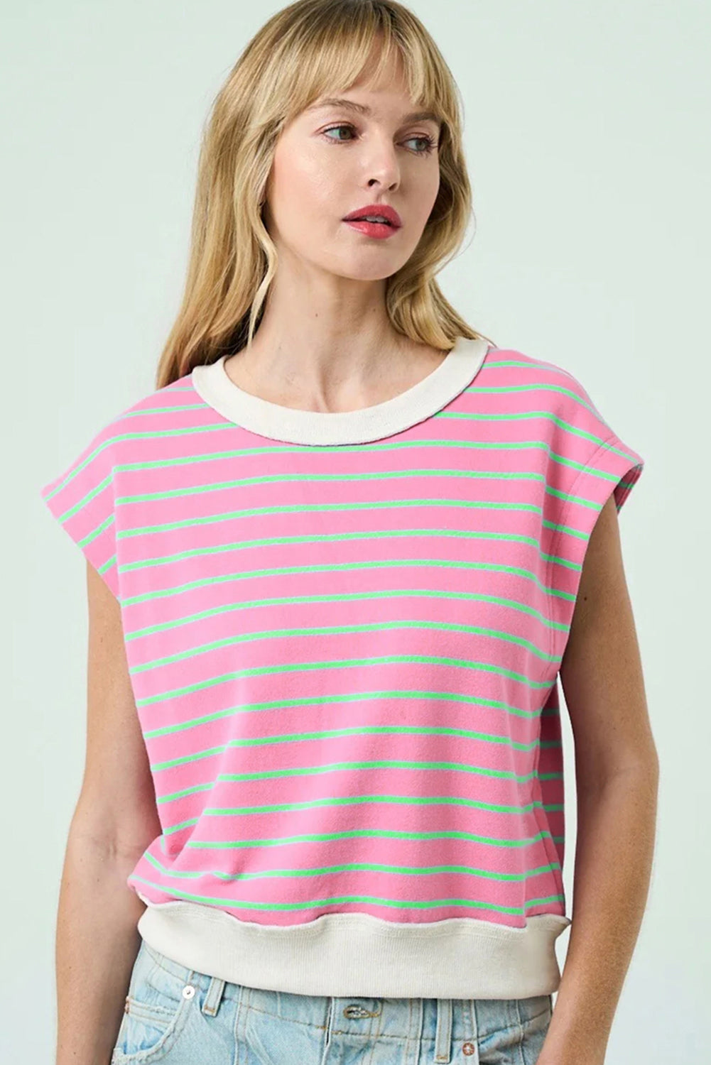 Sachet Pink Striped Crew Neck Cap Sleeve T Shirt-Tops/Tops & Tees-[Adult]-[Female]-2022 Online Blue Zone Planet