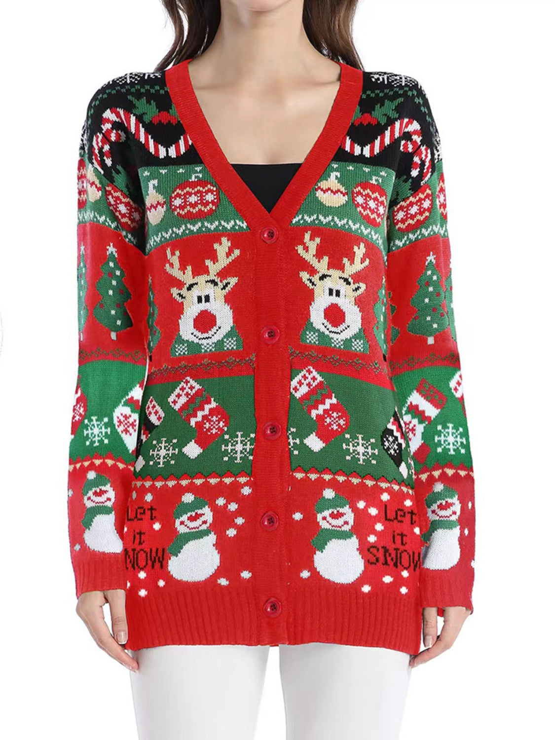 Reindeer Button Up Long Sleeve Cardigan-TOPS / DRESSES-[Adult]-[Female]-2022 Online Blue Zone Planet