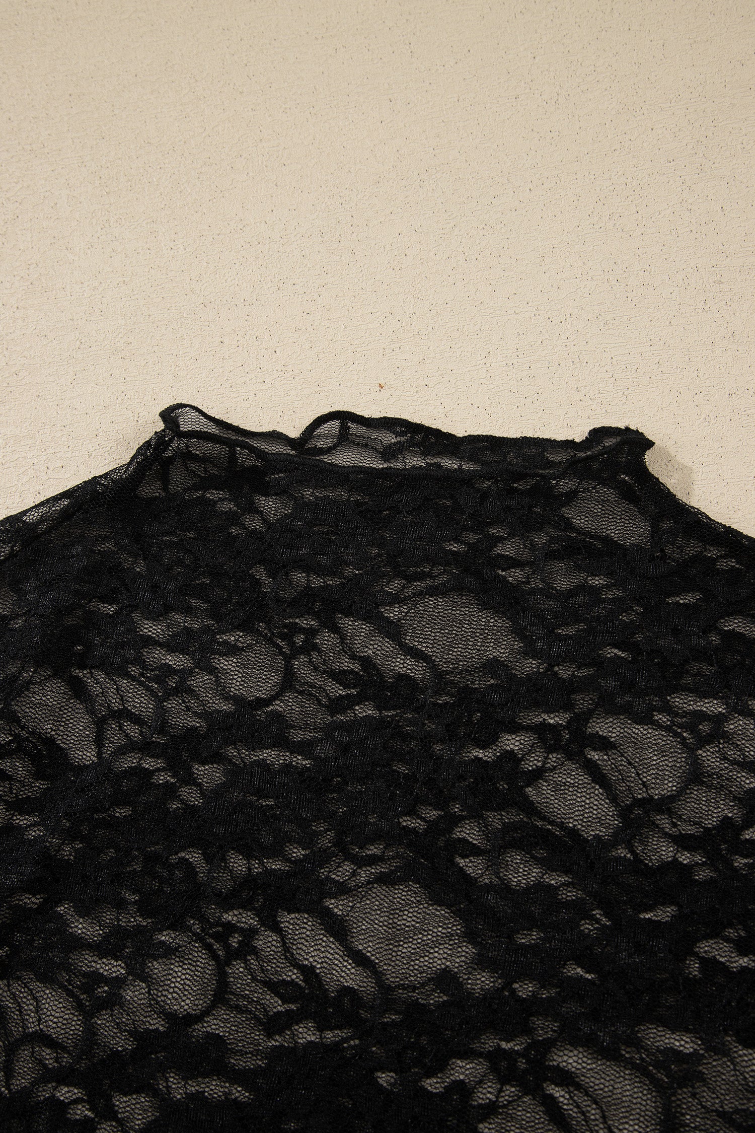 Black Sheer Floral Lace Lettuce Trim Mock Neck Long Sleeve Top-Tops/Long Sleeve Tops-[Adult]-[Female]-2022 Online Blue Zone Planet