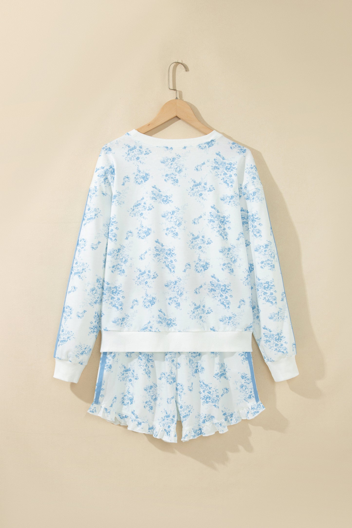 Sky Blue Floral Print Striped Detail Long Sleeve Top Ruffle Hem Shorts 2pcs Set-Two Piece Sets/Short Sets-[Adult]-[Female]-2022 Online Blue Zone Planet