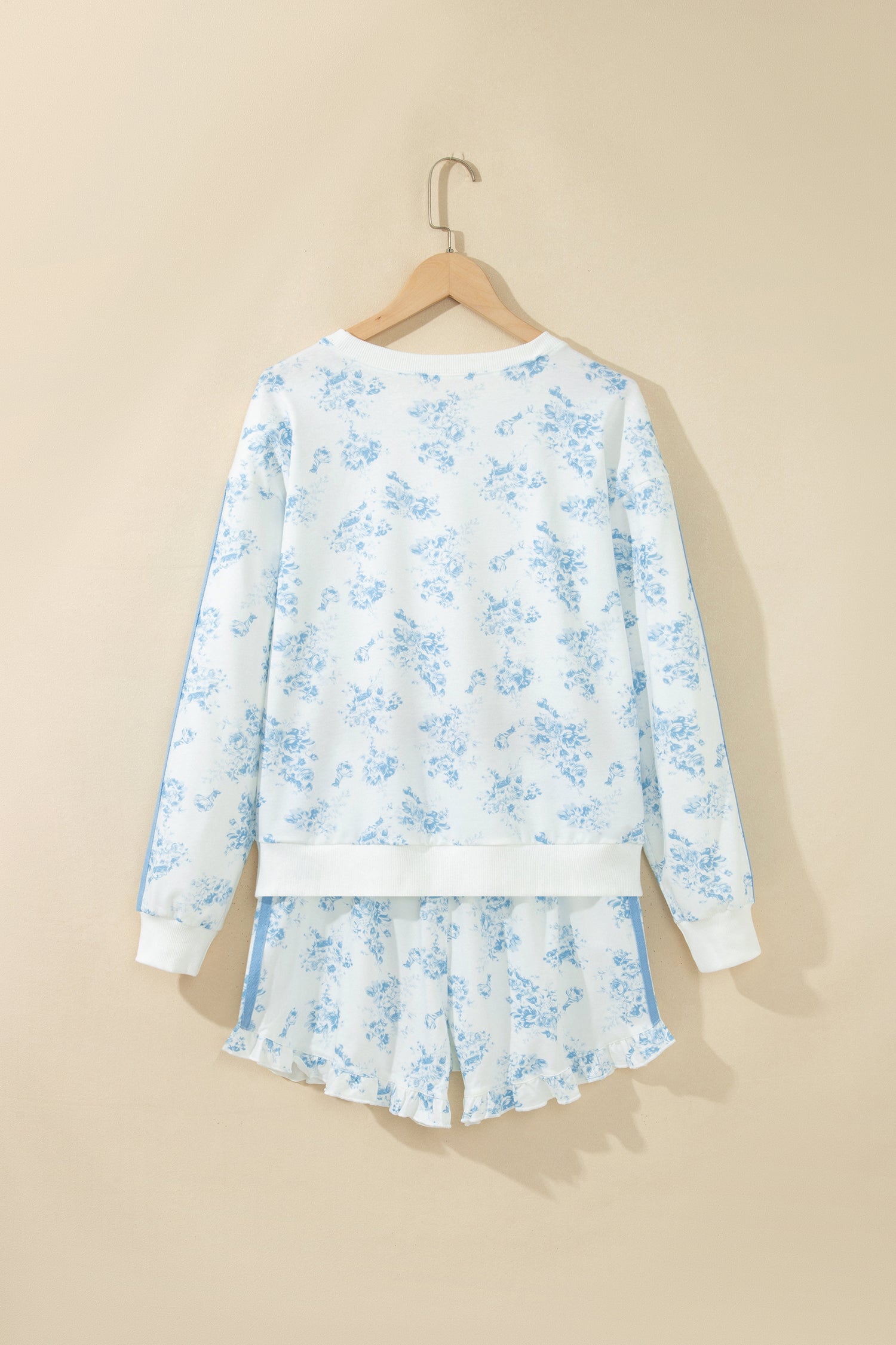 Sky Blue Floral Print Striped Detail Long Sleeve Top Ruffle Hem Shorts 2pcs Set-Two Piece Sets/Short Sets-[Adult]-[Female]-2022 Online Blue Zone Planet