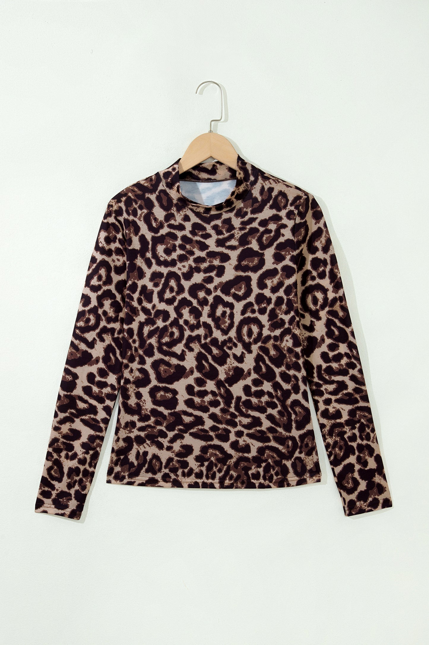 Khaki Leopard High Neck Long Sleeve Western Slim Top-Tops/Long Sleeve Tops-[Adult]-[Female]-2022 Online Blue Zone Planet