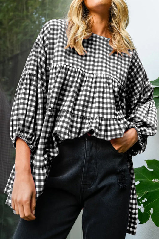 Black Checkered Puff Sleeve Tiered Loose Babydoll Blouse-Tops/Blouses & Shirts-[Adult]-[Female]-Black-S-2022 Online Blue Zone Planet