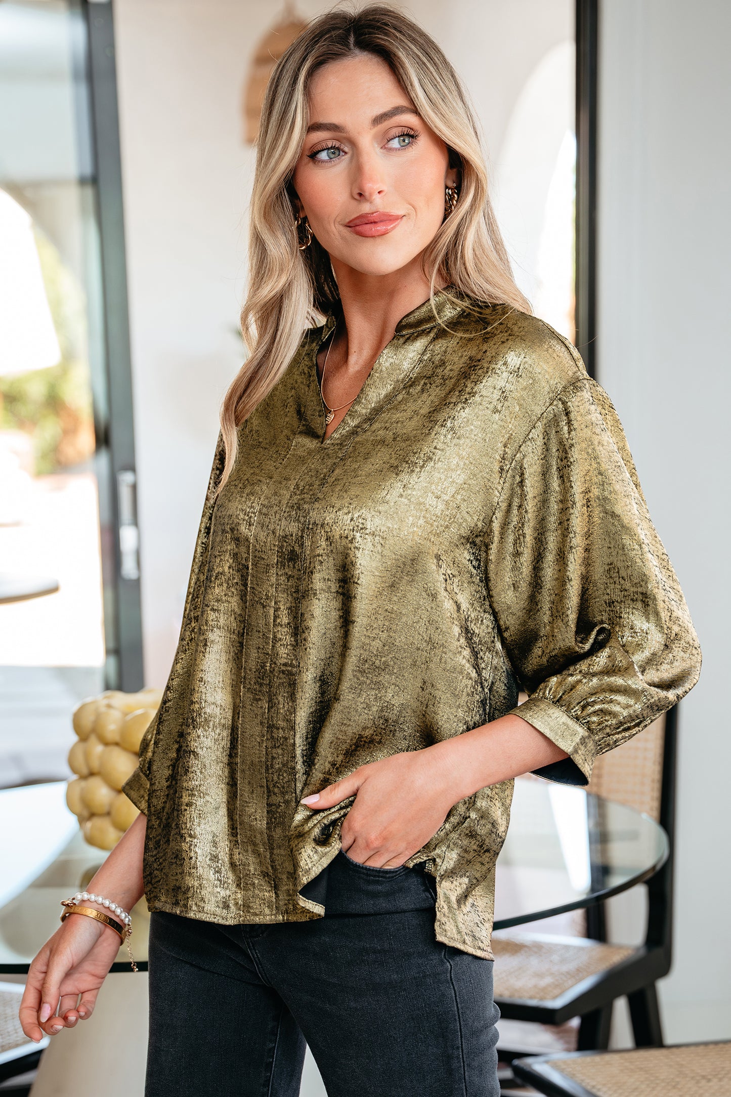 Gold Metallic Split Neck Half Sleeve Blouse-Tops/Blouses & Shirts-[Adult]-[Female]-2022 Online Blue Zone Planet