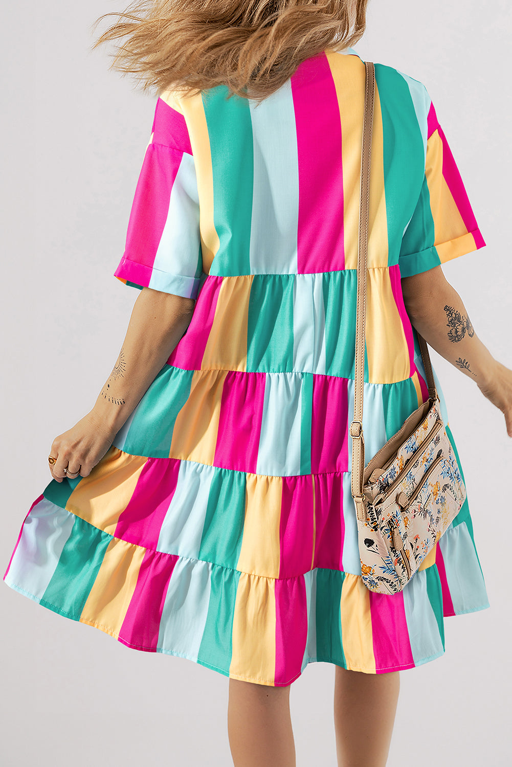 Blue Zone Planet | Rose Stripe Colorblock Short Sleeve Mini Shirt Dress-TOPS / DRESSES-[Adult]-[Female]-2022 Online Blue Zone Planet