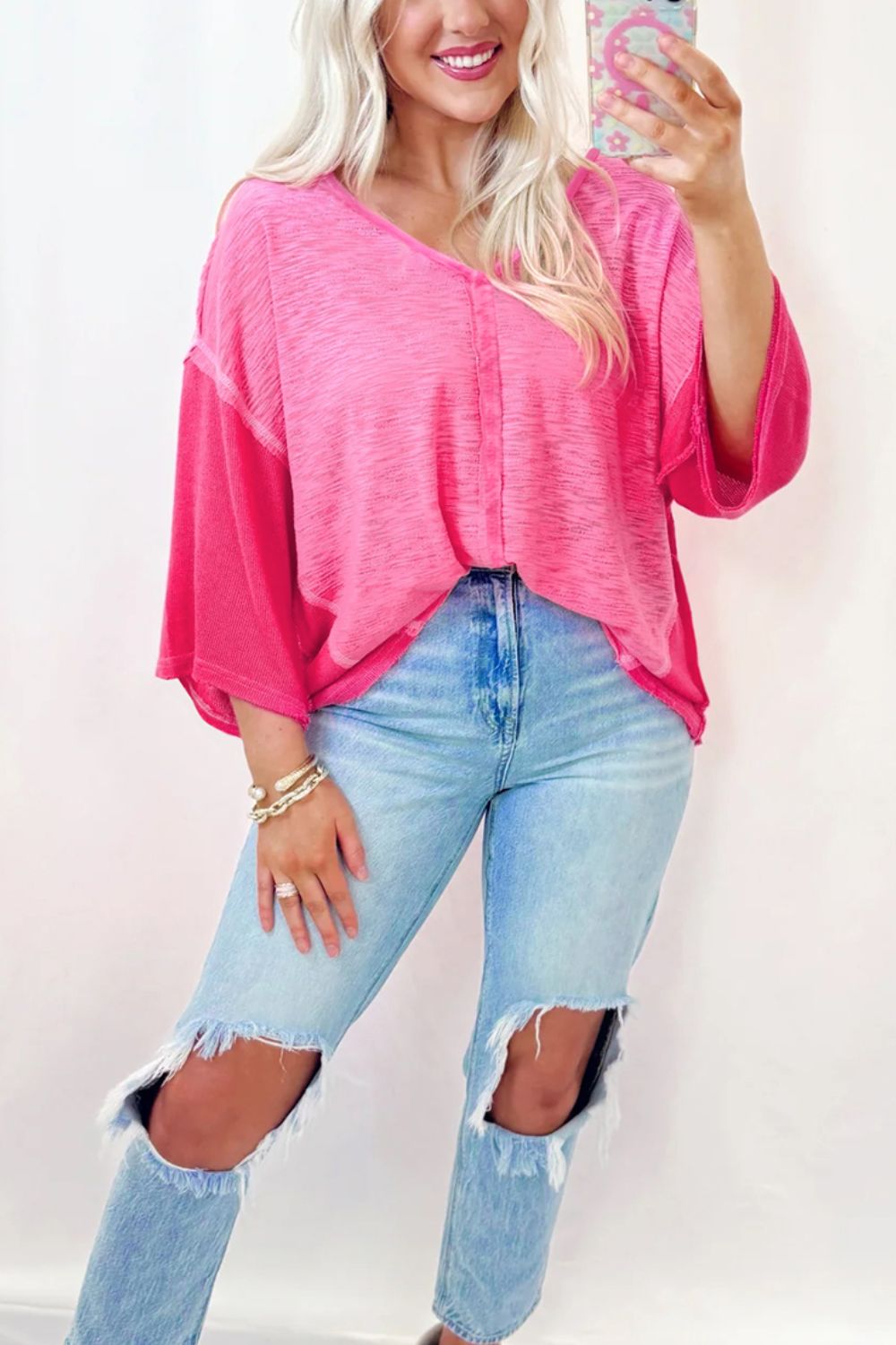 Exposed Seam V-Neck Three-Quarter Sleeve Blouse-TOPS / DRESSES-[Adult]-[Female]-2022 Online Blue Zone Planet