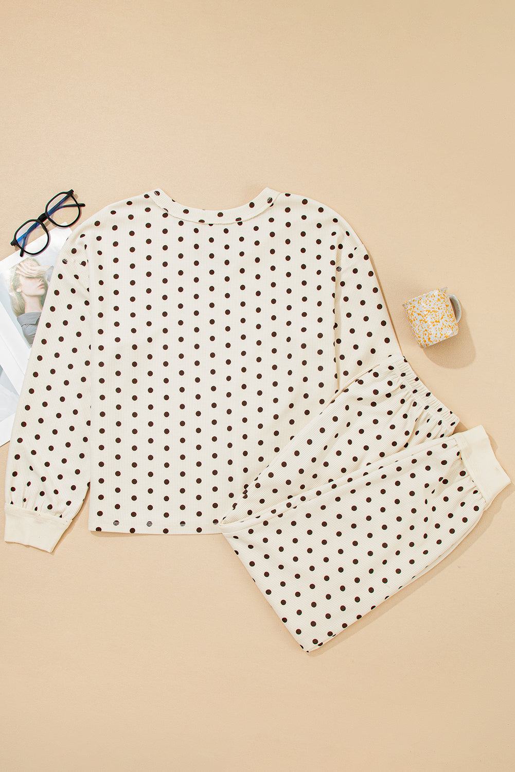 White Polka Dot Print Notched Neck Long Sleeve Top Drawstring Jogger Pants Waffle Knit Lounge Set-Loungewear & Sleepwear/Loungewear-[Adult]-[Female]-2022 Online Blue Zone Planet