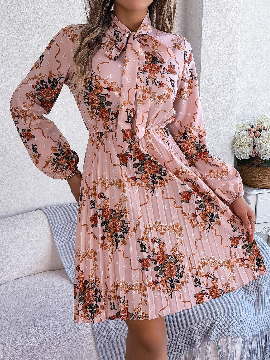 Pleated Printed Tie Neck Long Sleeve Dress-TOPS / DRESSES-[Adult]-[Female]-2022 Online Blue Zone Planet