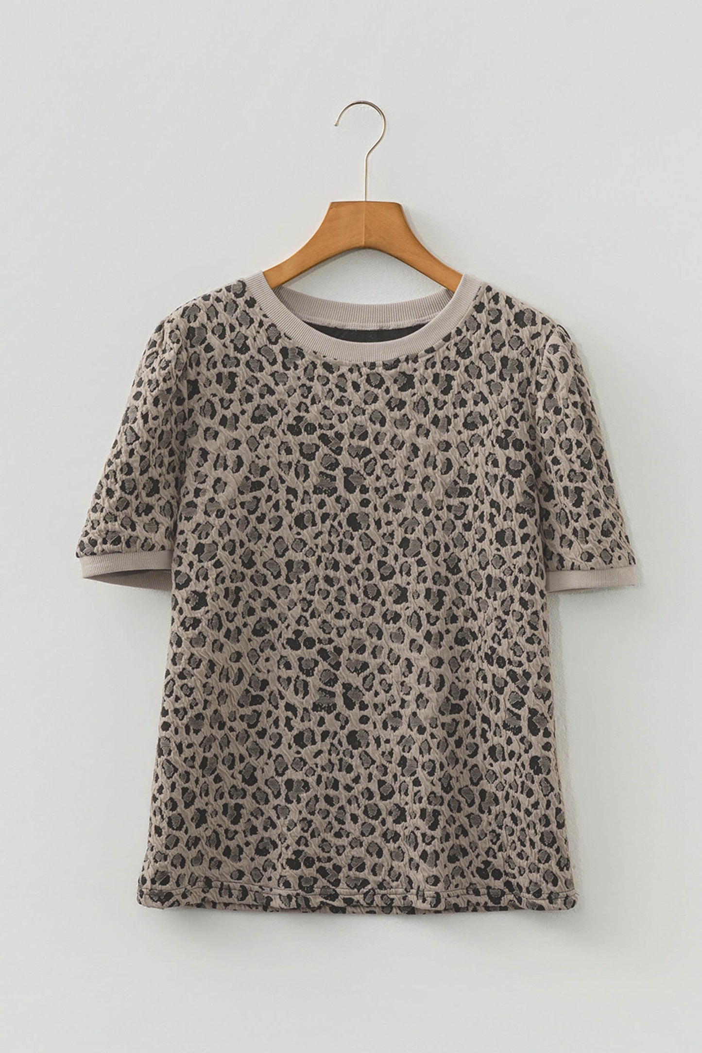Khaki Textured Leopard Print Crew Neck Short Sleeve Top-Tops/Tops & Tees-[Adult]-[Female]-2022 Online Blue Zone Planet