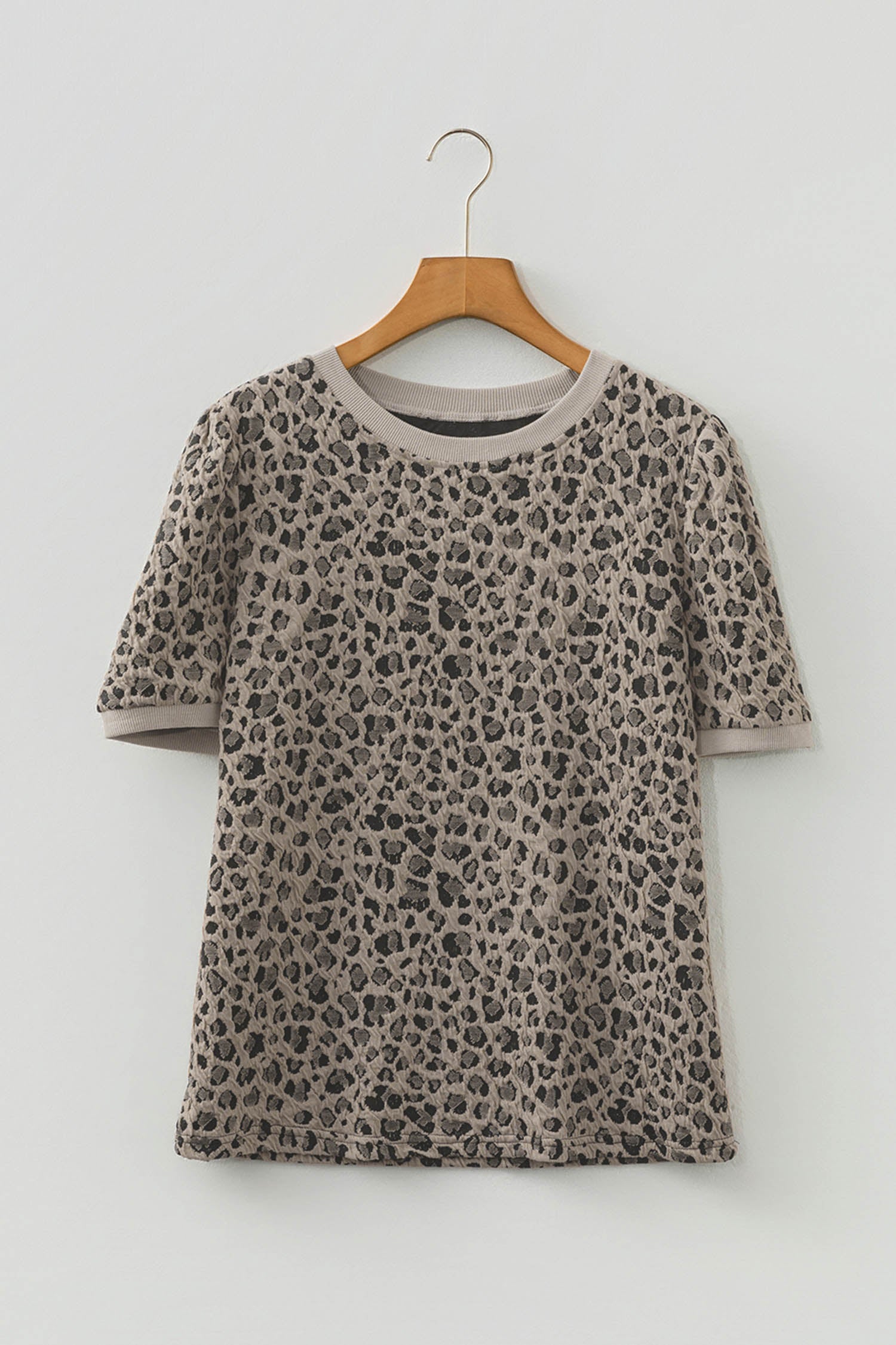 Khaki Textured Leopard Print Crew Neck Short Sleeve Top-Tops/Tops & Tees-[Adult]-[Female]-2022 Online Blue Zone Planet