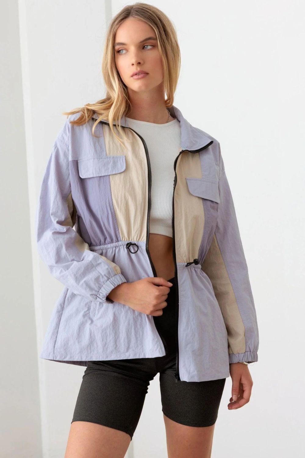 Blue Zone Planet | Le Lis Color Block Collared Wind Breaker Jacket-TOPS / DRESSES-[Adult]-[Female]-Lavender Cream-XS-2022 Online Blue Zone Planet