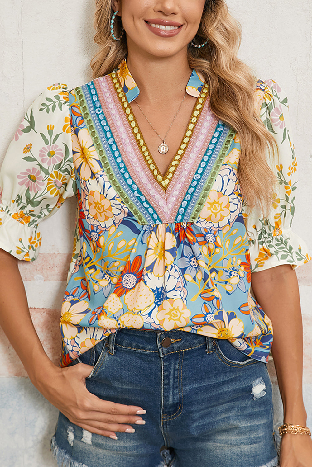 Multicolour Crochet V Neck Half Sleeve Boho Floral Blouse-Tops/Blouses & Shirts-[Adult]-[Female]-2022 Online Blue Zone Planet