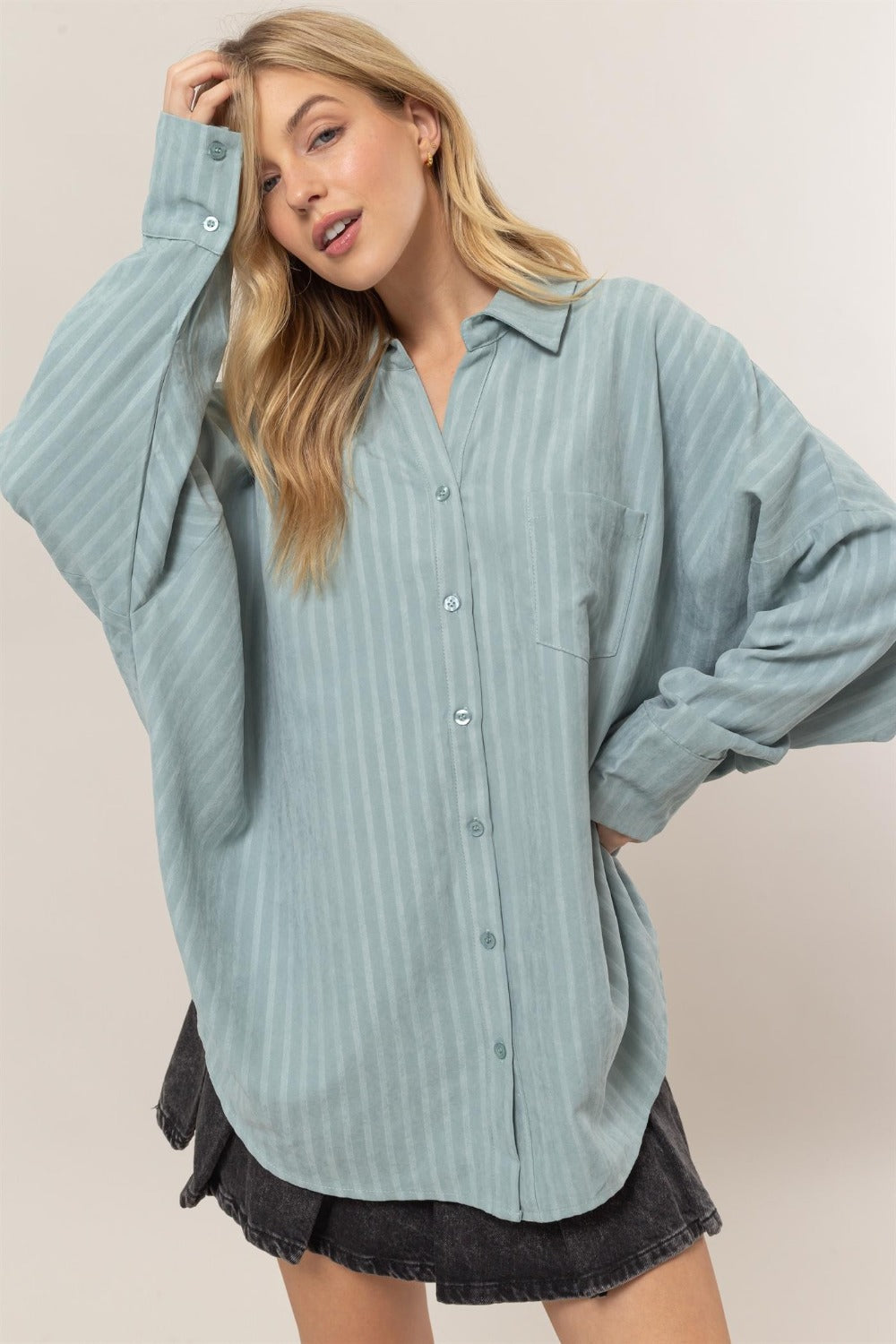 HYFVE Stripe Button Down Long Sleeve Oversized Shirt-TOPS / DRESSES-[Adult]-[Female]-Dusty Aqua-S-2022 Online Blue Zone Planet