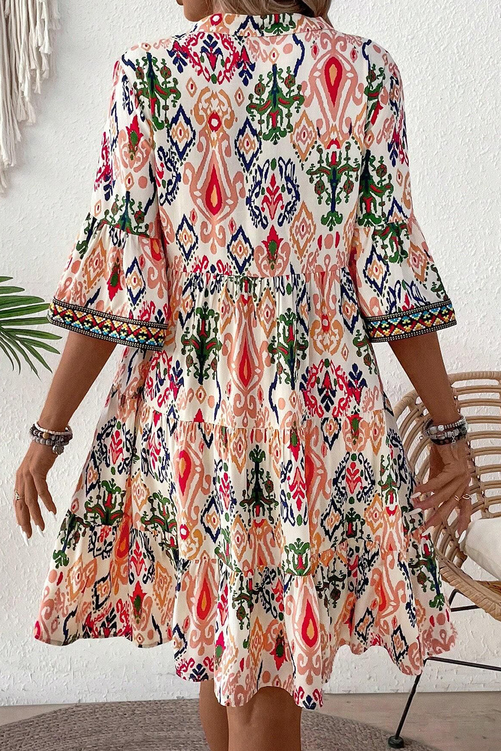 Blue Zone Planet | Multicolour Boho Print V Neck Bracelet Sleeve Mini Dress-TOPS / DRESSES-[Adult]-[Female]-2022 Online Blue Zone Planet