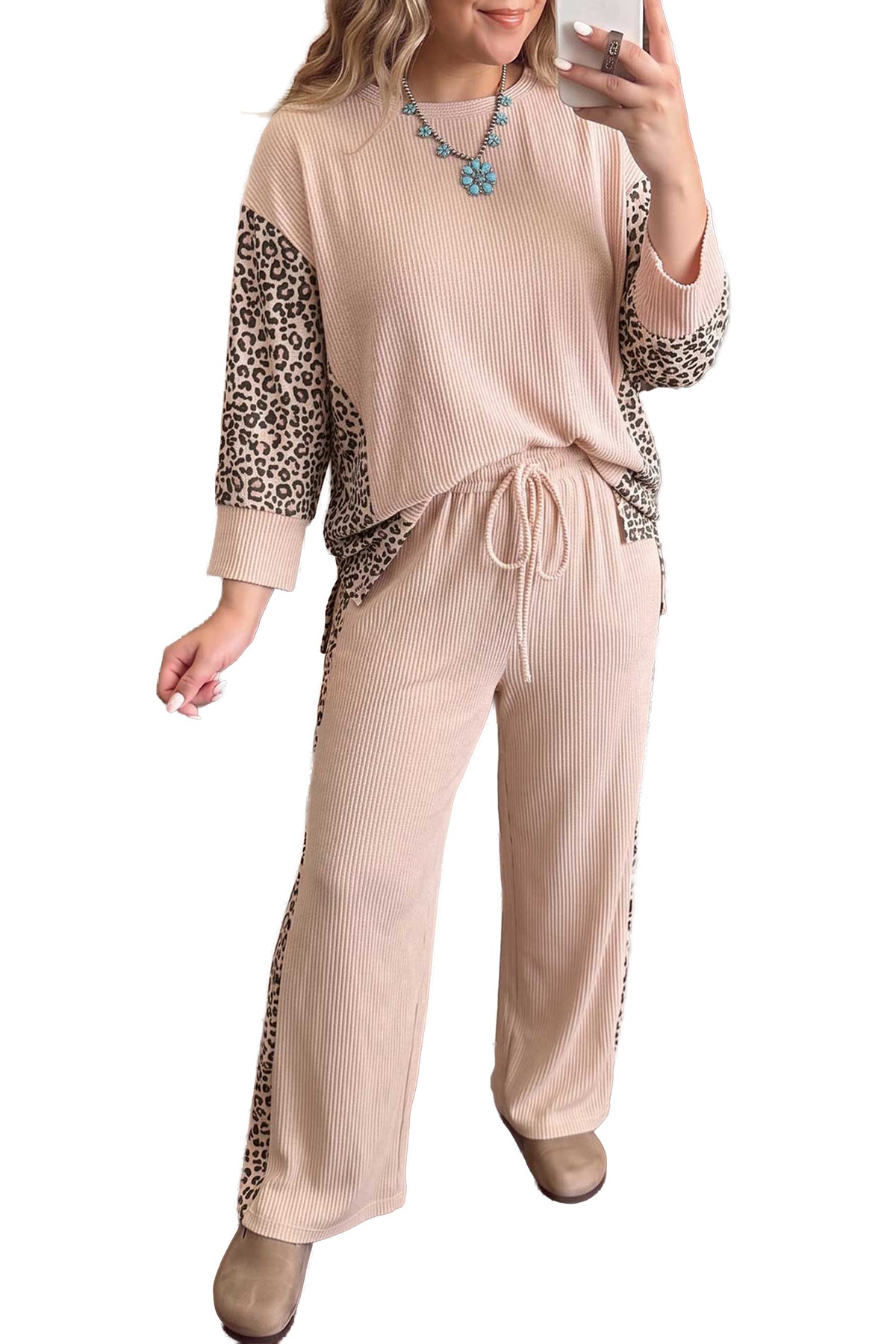 Light French Beige Leopard Print Ribbed Twist Long Sleeve Top Pants Plus Size Set-Plus Size/Plus Size Loungewear-[Adult]-[Female]-2022 Online Blue Zone Planet