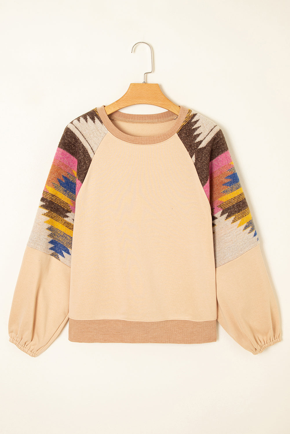 Light French Beige Aztec Patchwork Raglan Pullover Sweatshirt-Tops/Sweatshirts & Hoodies-[Adult]-[Female]-2022 Online Blue Zone Planet