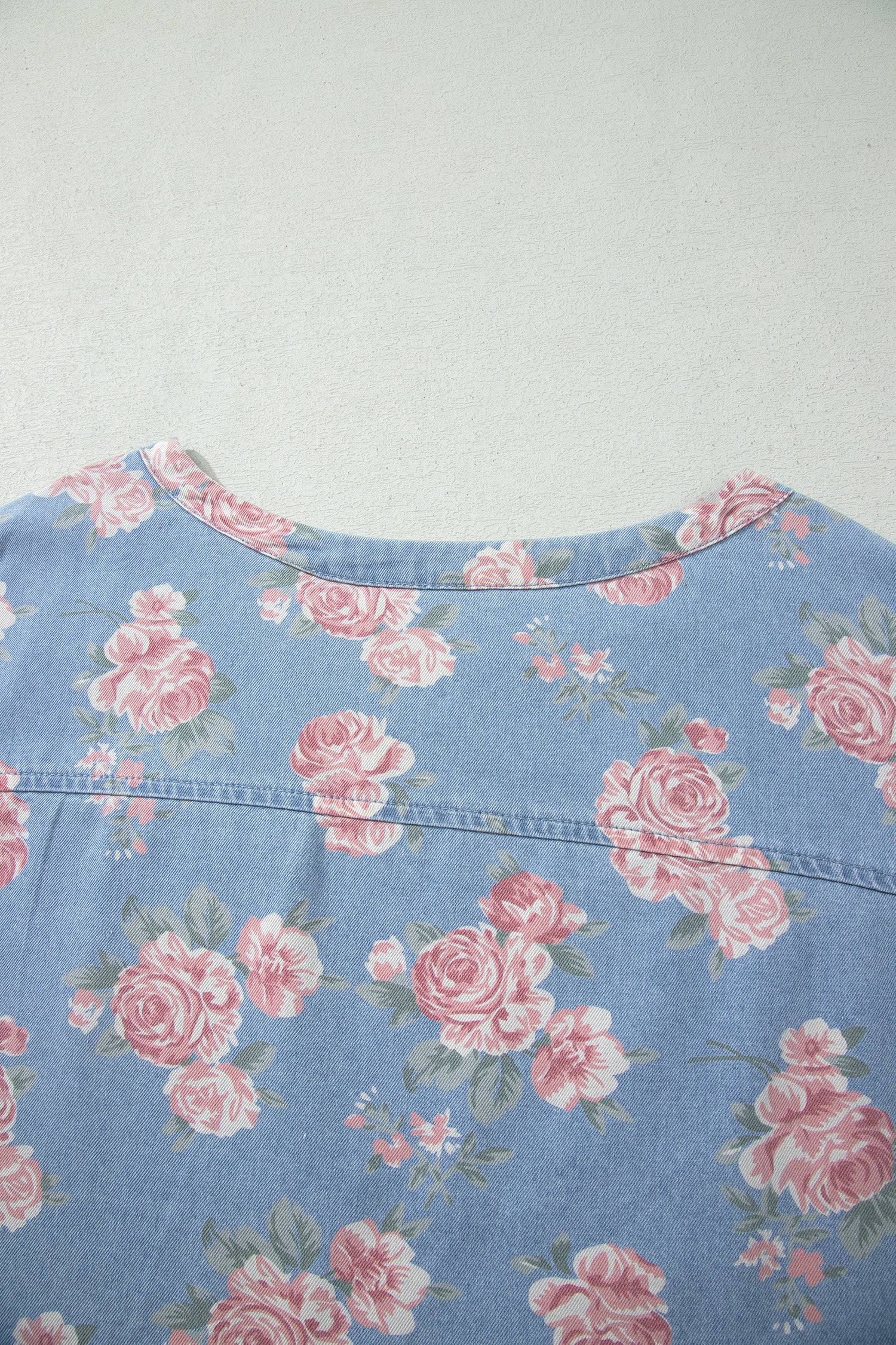 Sky Blue Floral Denim Short Sleeve Top Loose Shorts 2pcs Set-Two Piece Sets/Short Sets-[Adult]-[Female]-2022 Online Blue Zone Planet