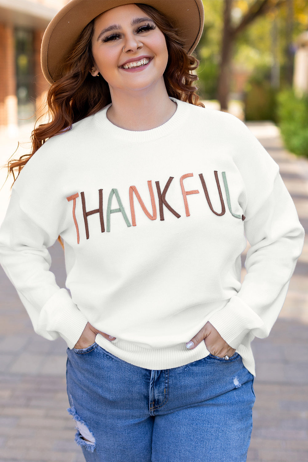 Blue Zone Planet | White Plus Size Thankful Ivory Embroidered Sweater-Plus Size/Plus Size Sweaters & Cardigans-[Adult]-[Female]-2022 Online Blue Zone Planet