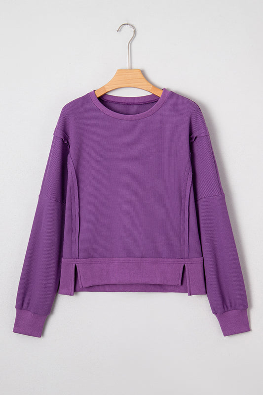 Orchid Mist Solid Color Raw Seam Patchwork Ribbed Drop Shoulder Sweatshirt-Tops/Sweatshirts & Hoodies-[Adult]-[Female]-Orchid Mist-S-2022 Online Blue Zone Planet