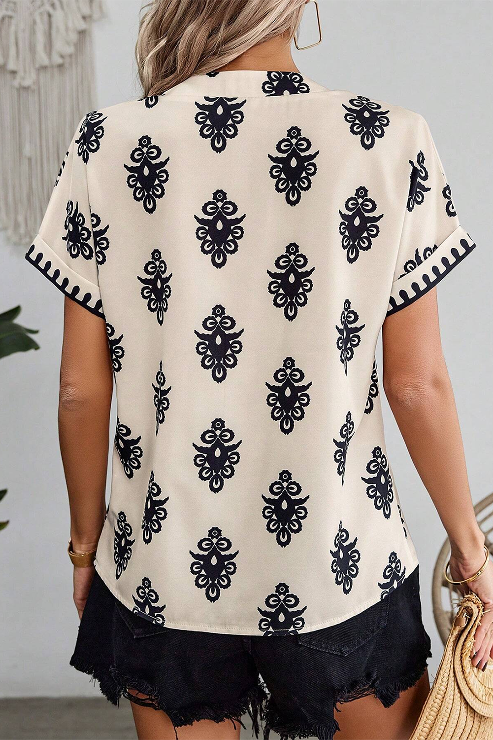 Black Geometric Print Short Sleeve V Neck Blouse-Tops/Blouses & Shirts-[Adult]-[Female]-2022 Online Blue Zone Planet