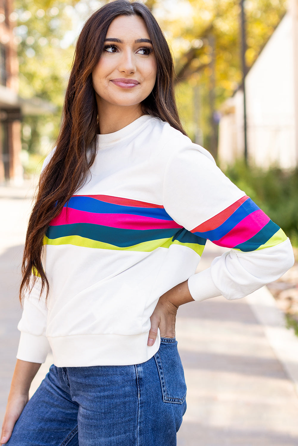 Green Colorful Striped Accent Long Sleeve T Shirt-Tops/Long Sleeve Tops-[Adult]-[Female]-2022 Online Blue Zone Planet