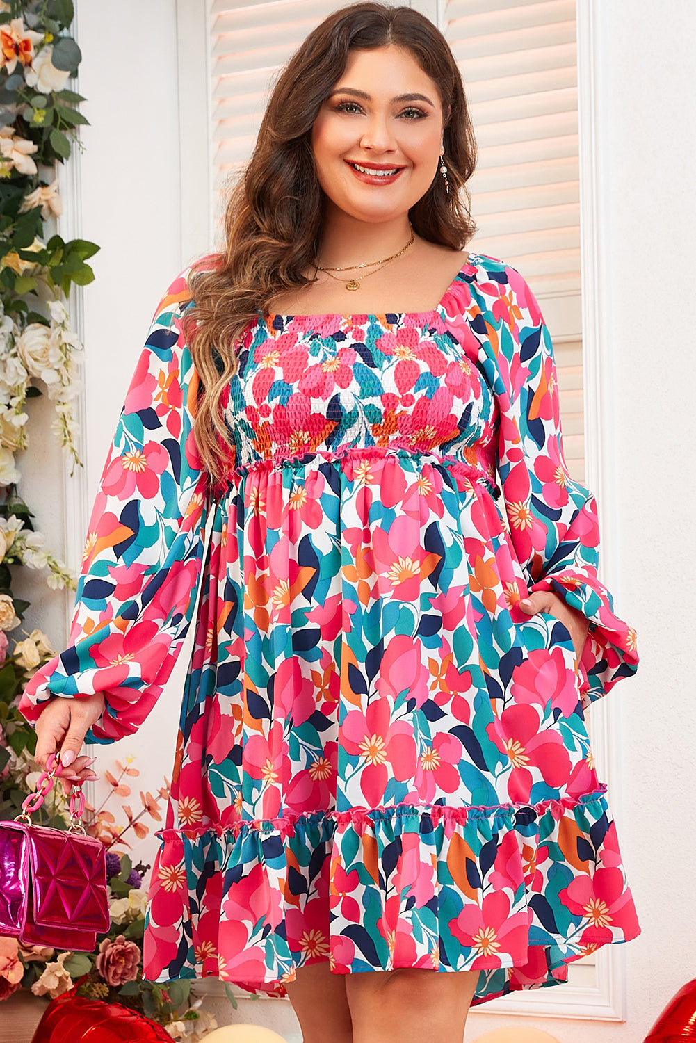 Rose Flower Print Smocked Square Neck Plus Size Dress-Plus Size/Plus Size Dresses/Plus Size Mini Dresses-[Adult]-[Female]-Rose-1X-2022 Online Blue Zone Planet