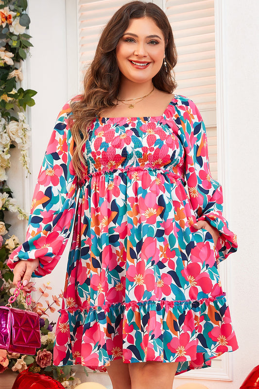 Rose Flower Print Smocked Square Neck Plus Size Dress-Plus Size/Plus Size Dresses/Plus Size Mini Dresses-[Adult]-[Female]-Rose-1X-2022 Online Blue Zone Planet