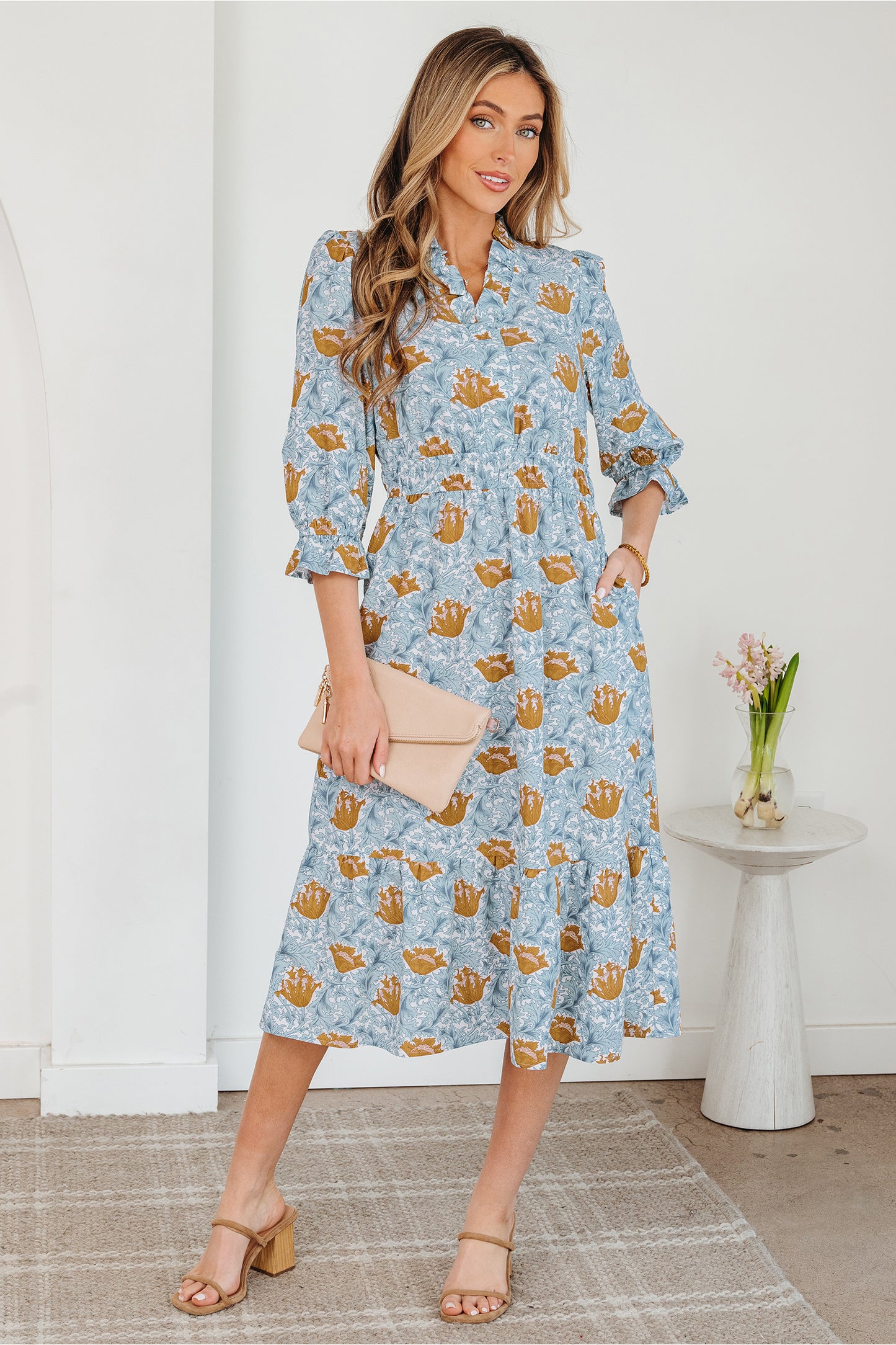 Brown Floral Printed Frilled V Neck Bracelet Sleeve Long Dress-Bracelet-[Adult]-[Female]-2022 Online Blue Zone Planet