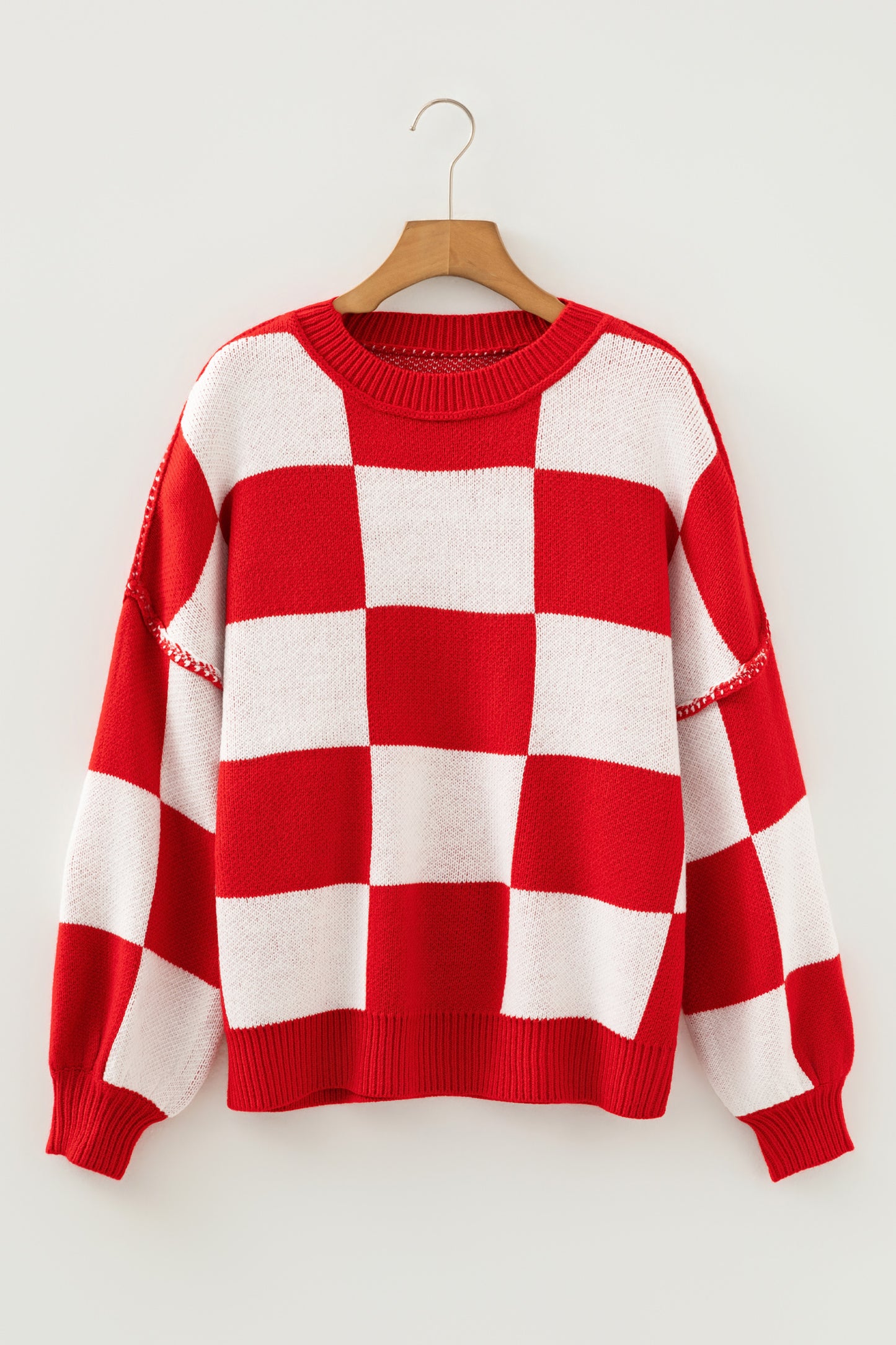 Fiery Red Checkered Bishop Sleeve Sweater-TOPS / DRESSES-[Adult]-[Female]-2022 Online Blue Zone Planet