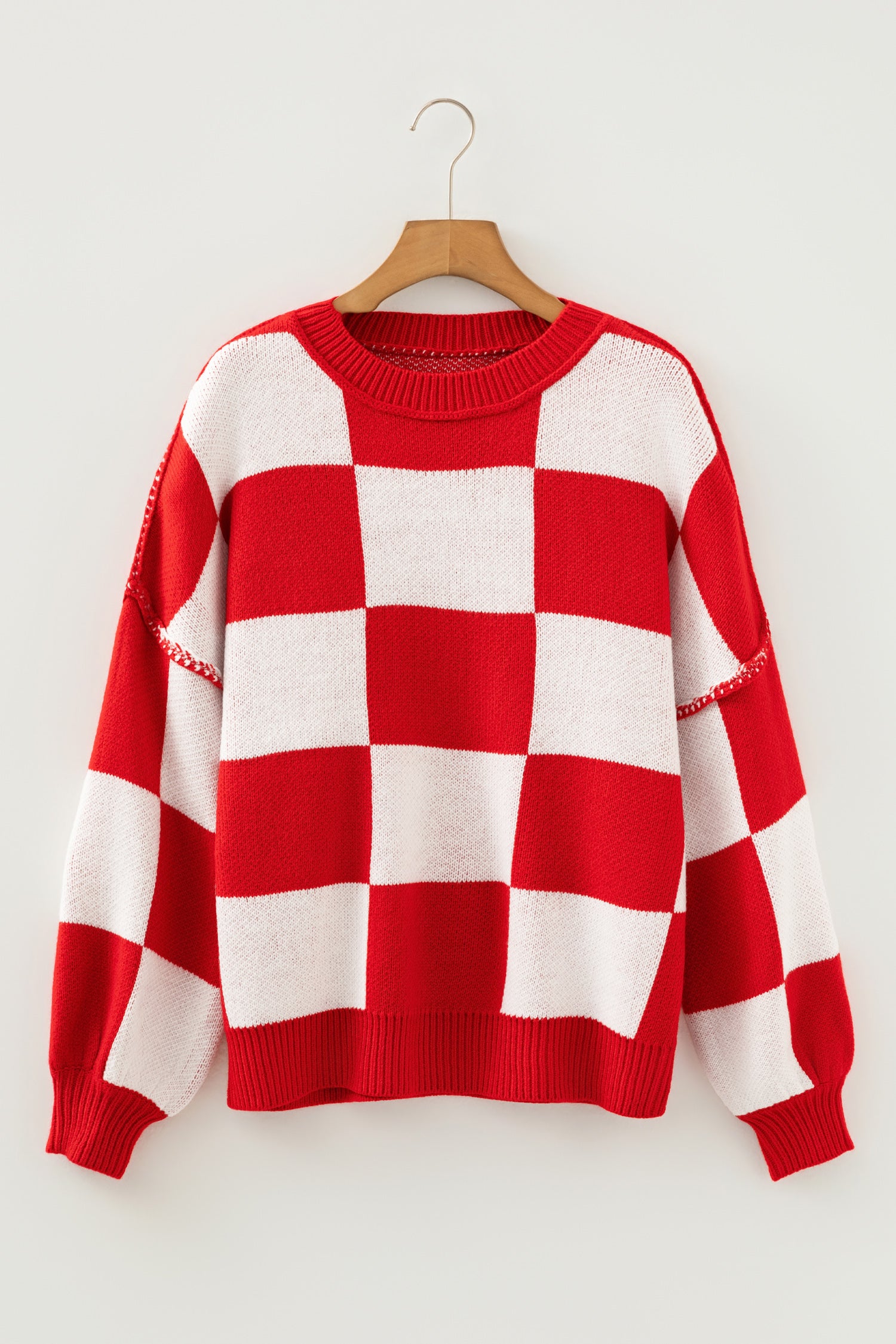 Fiery Red Checkered Bishop Sleeve Sweater-TOPS / DRESSES-[Adult]-[Female]-2022 Online Blue Zone Planet