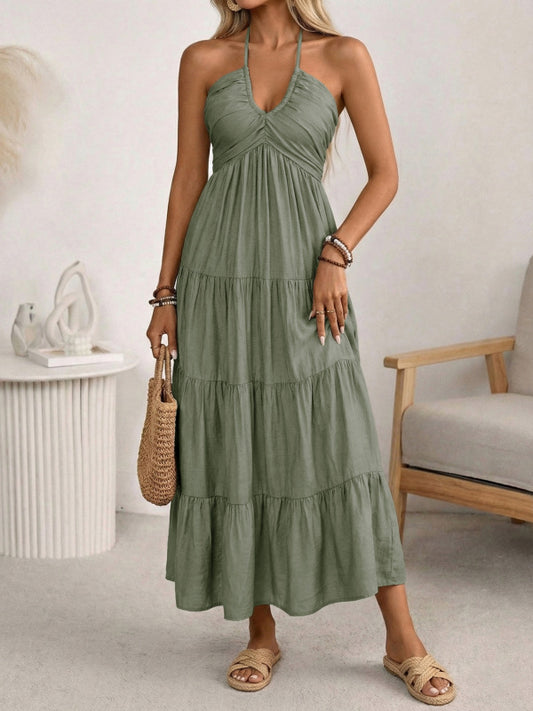 Solid color halter neck vacation style loose long dress fashionable backless slingback dress